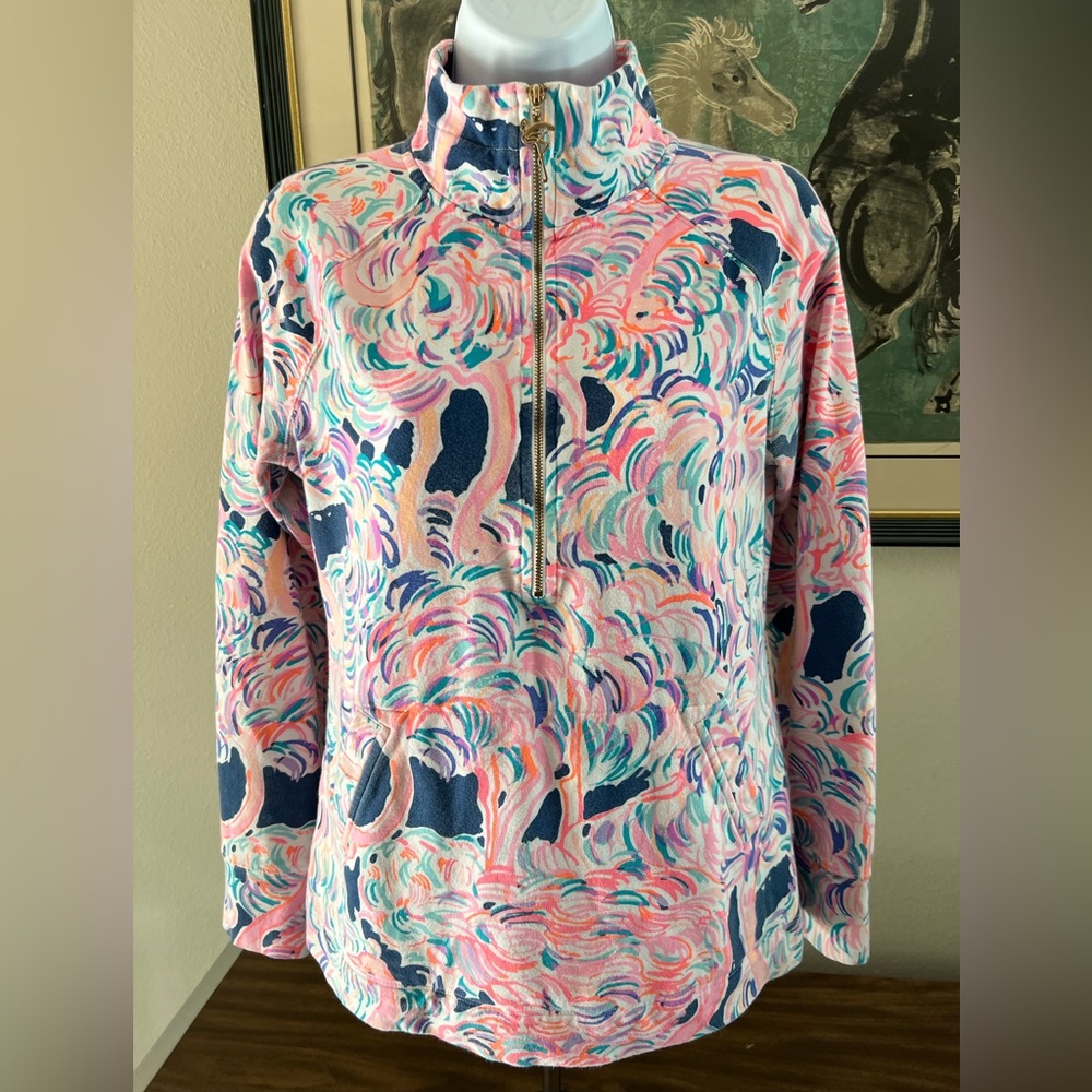 Lilly Pulitzer Pink Multi Flamingo Print Quarter-Zip Pullover